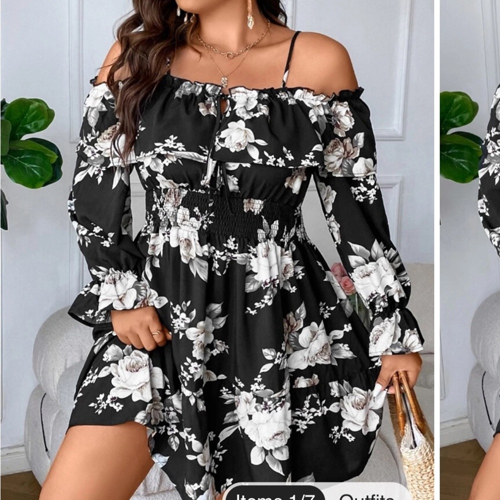 Shein Floral Print Cold Shoulder Flounce Sleeve Knot Front Dress - Picture 2 of 5